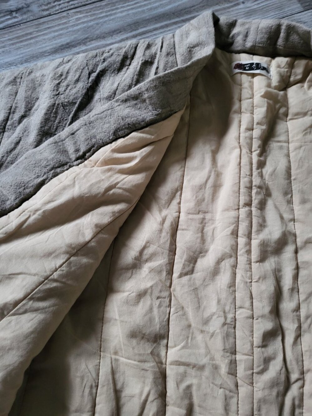 NWOT Heavy Raw Linen Kimono Coat Quilted Cotton Lined Haori Oatmeal - Picture 5 of 13
